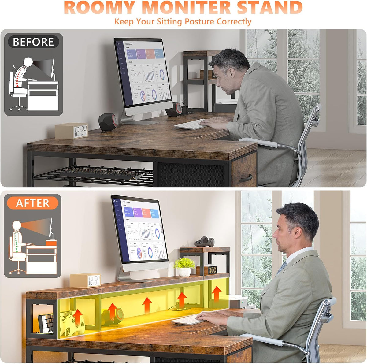 EnHomee 71' L Shaped Computer Desk with 3 Drawers & Hutch,Reversible Gaming Desk with LED Lights & Power Outlet,Home Office Desks with Monitor Stand & Printer Shelf for Student School Rustic Brown