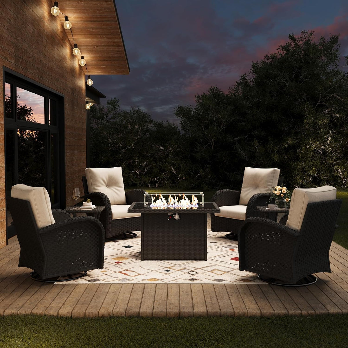 Outdoor Patio Furniture Sets with Fire Pit Table 7 Pieces Wicker Swivel Rocker Chairs for Backyard Deck