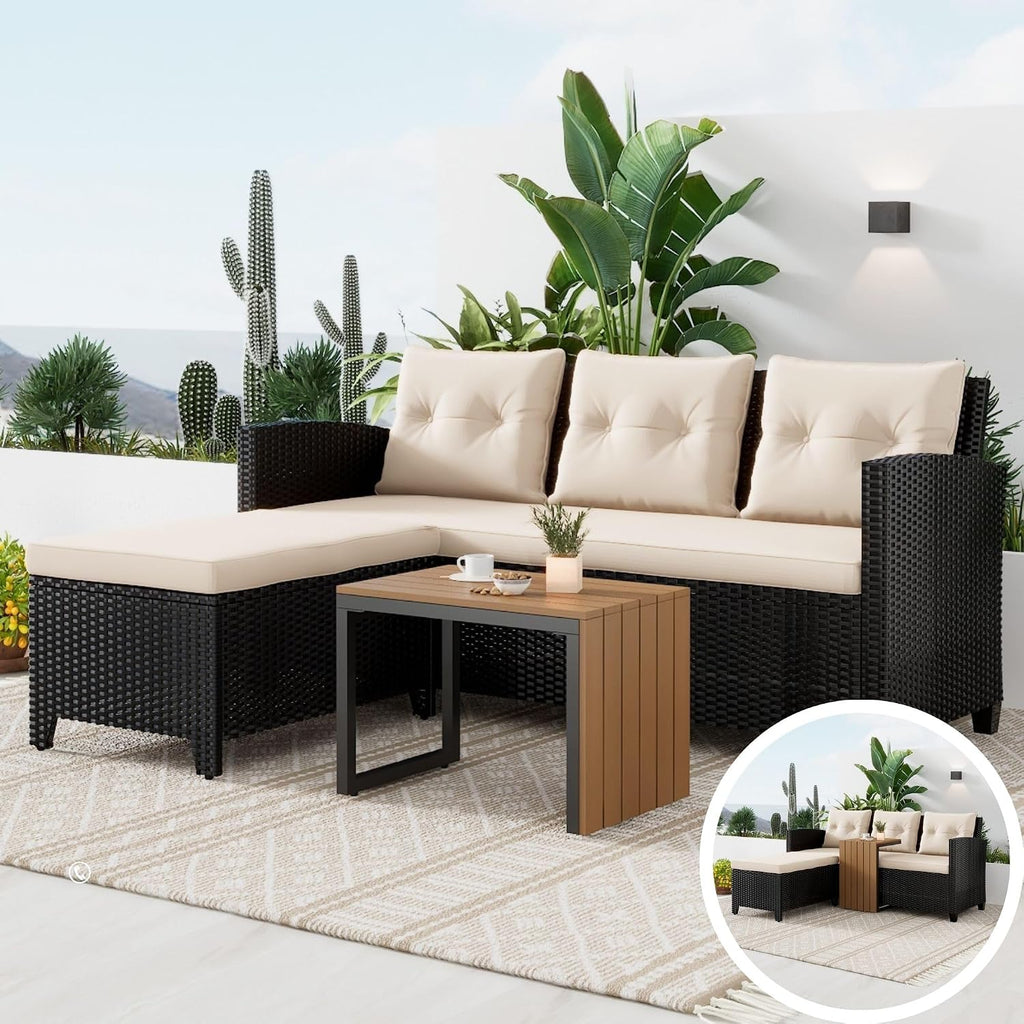 Suntone Outdoor Wicker Patio Furniture Sets, Patio Conversation Set - 3 Piece Patio Sectional Sofa Set, Coffee Table, Black/Beige