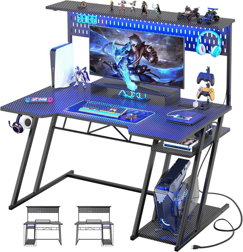 Armocity Gaming Computer Desk with Shelves and Outlets, Gaming Desk with Hutch and LED Lights, Reversible PC Gaming Desks with Pegboard, Carbon Fiber Black 47''