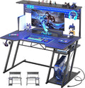 Armocity Gaming Computer Desk with Shelves and Outlets, Gaming Desk with Hutch and LED Lights, Reversible PC Gaming Desks with Pegboard, Carbon Fiber Black 47''