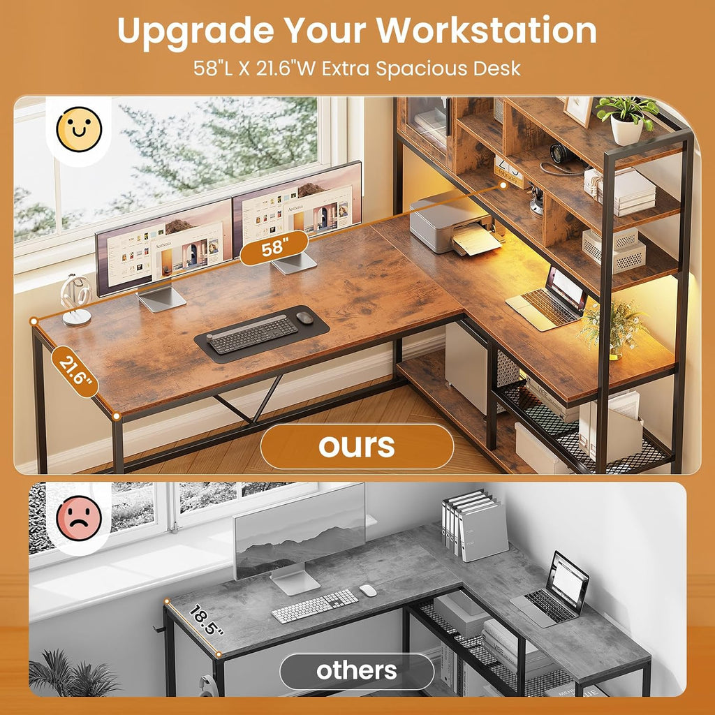 SEDETA L Shaped Computer Desk, 58'' Office Desk with LED Light and Bookshelf, L Shaped Corner Desk with Storage Shelves for Home Office, Gaming Desk, L Desk, Rustic Brown
