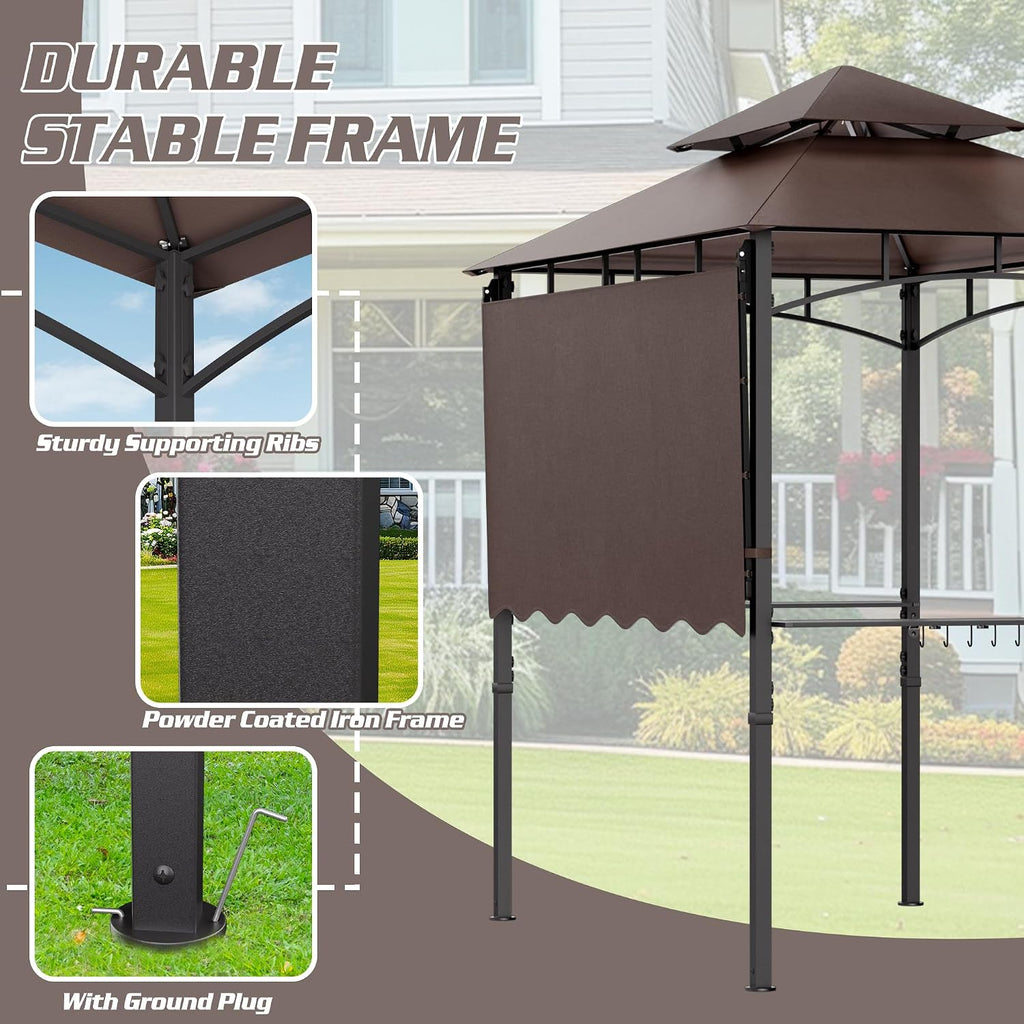 8'X8' Grill Gazebo Canopy - Heavy Duty Steel Frame, Double Tiered Grill Canopy for Outdoor Grill W/Shelves, Ceiling Hooks, Ground Stakes, Patio Canopys Tent BBQ Gazebo Backyard (Brownness)