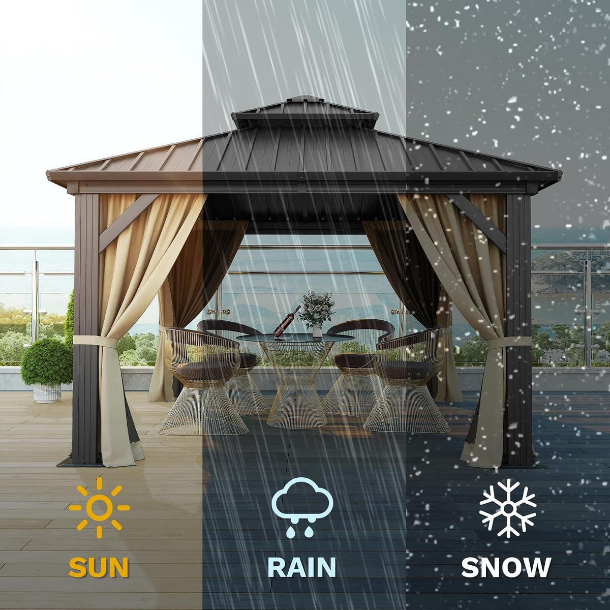 DWVO 10x10ft Hardtop Gazebo Double Roof Heavy Duty Galvanized Steel with Nettings and Curtains, for Patio, Backyard, Deck, Lawns, Brown