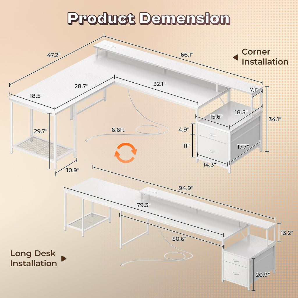 PRAISUN 66' L Shaped Gaming Desk with LED Lights & Power Outlets, Computer Desk with Fabric Drawers and Print Stand, Corner Office Desk, Monitor Stand, Mesh CPU Stand, White