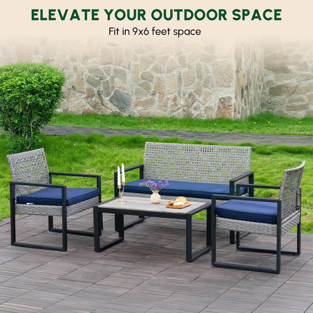 BEEFURNI Wicker Patio Furniture Outdoor Conversation Set of 4, Rattan Outdoor Furniture Set, Acacia Wood Table, 2 Chairs, 1 Loveseat, 2' Cushions, All Weather Set for Patio, Porch, Balcony (Gray)