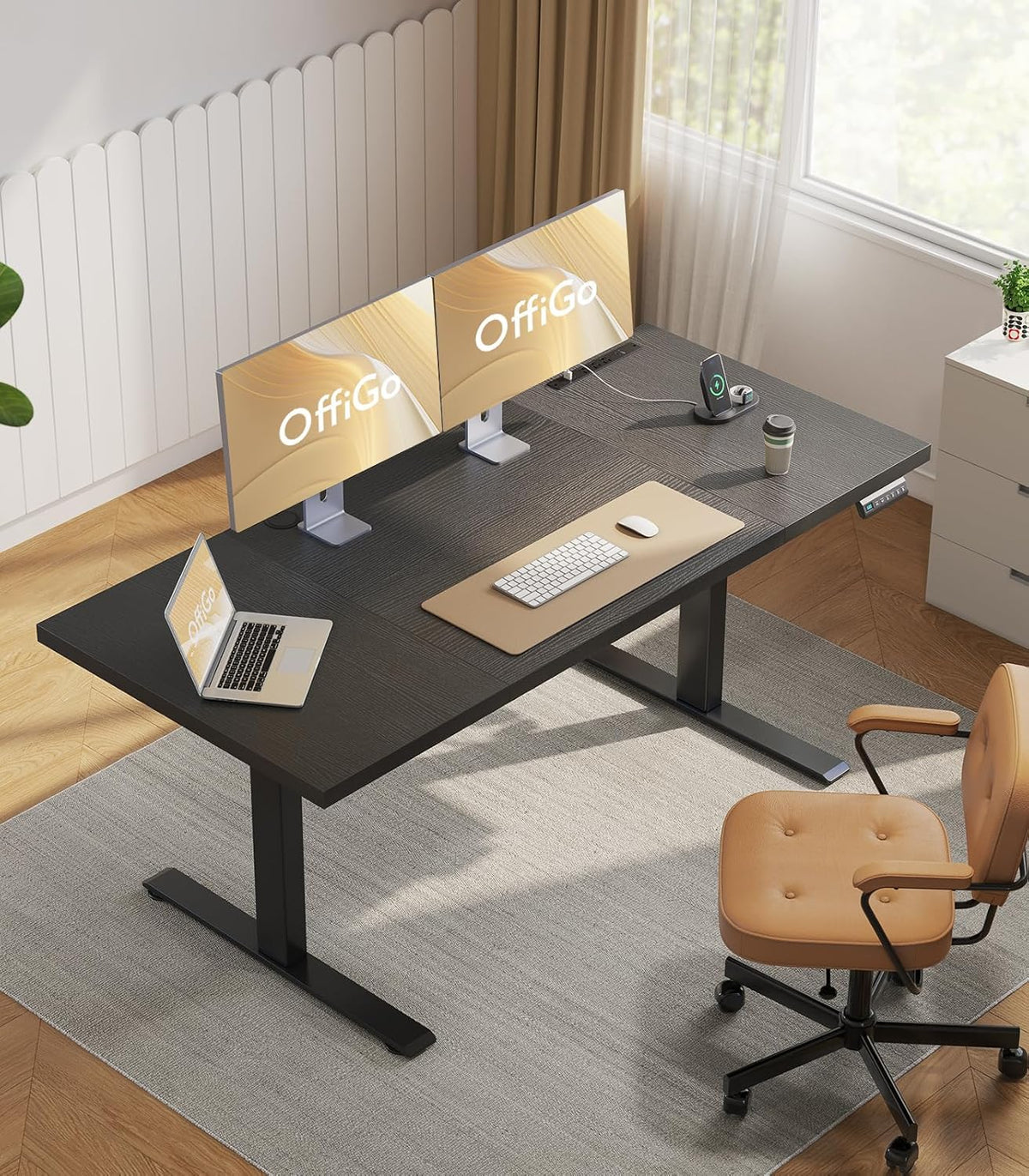 OffiGo 71 Inch Executive Electric Standing Desk, Height Adjustable Desk with Power Outlet & 1.38' Thick 3-Piece Desktop, Sit Stand Computer Desk for Home, Office, Conference Room, Black