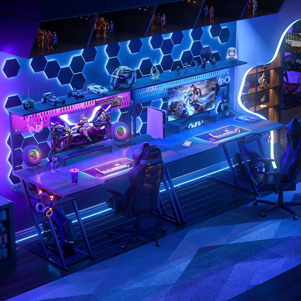 Armocity Gaming Computer Desk with Hutch and LED Lights, 53'' Black Gaming Desk with Storage Shelves, Reversible PC Gamer Desks with Pegboard, Ergonomic Desk for Bedroom, Carbon Fiber Surface