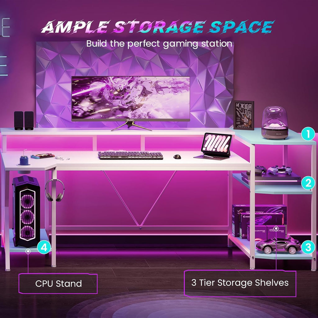 SEDETA White Gaming Desk 70.8'' with LED Lights and Storage Shelves, Computer Desk with Monitor Stand, Power Outlets and Cup Holder, Large PC Gamer Desk, Gaming Table for Bedroom, Living Room
