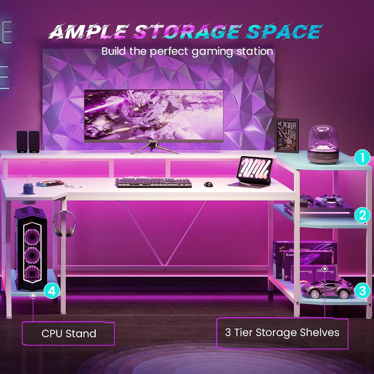 SEDETA White Gaming Desk 70.8'' with LED Lights and Storage Shelves, Computer Desk with Monitor Stand, Power Outlets and Cup Holder, Large PC Gamer Desk, Gaming Table for Bedroom, Living Room