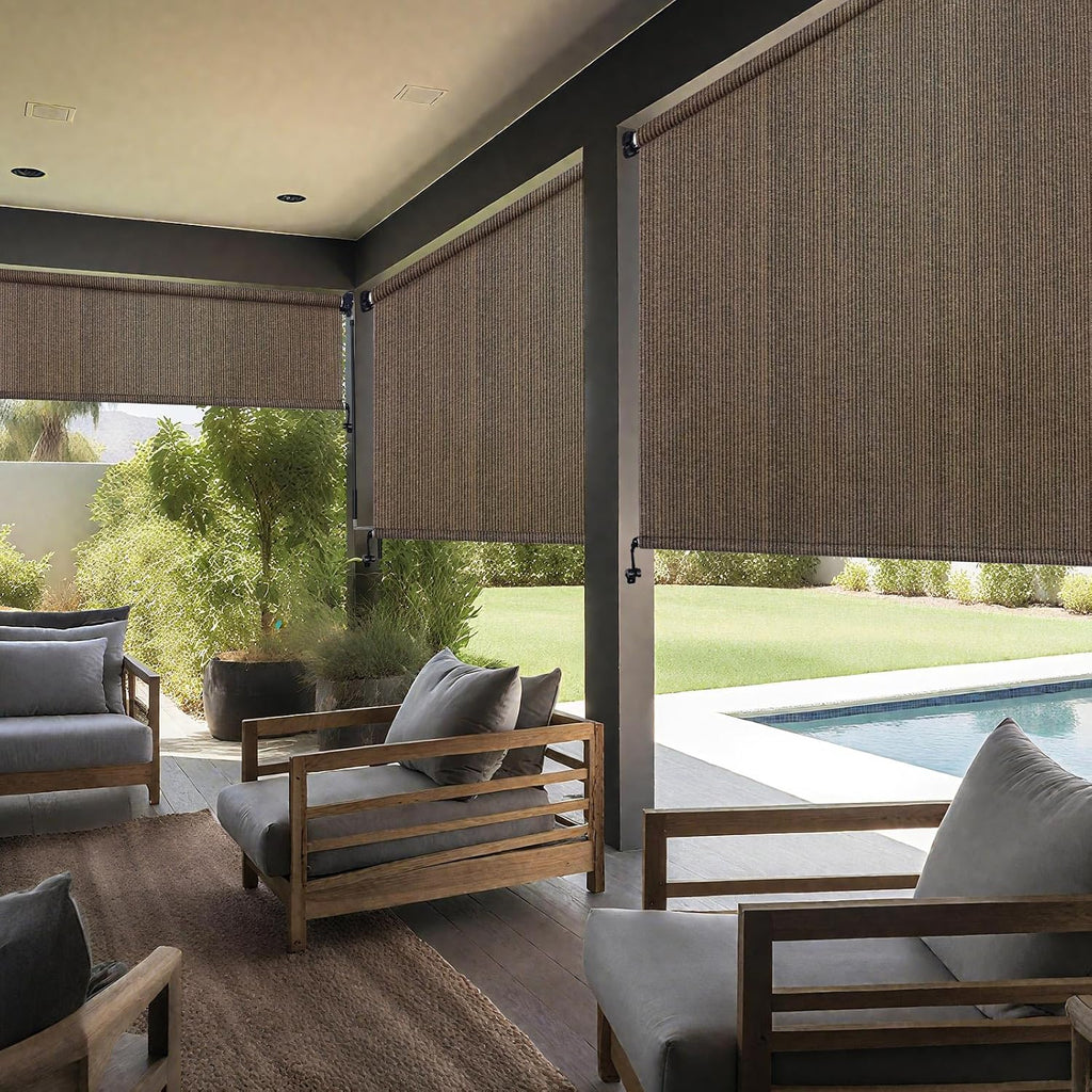 Artpuch Outdoor Roller Shades with Splicing Design, 10' W x 8' H Exterior Cordless Patio Shades Roll Up Blinds for Porch, Gazebo, Pergola, Balcony, Mocha