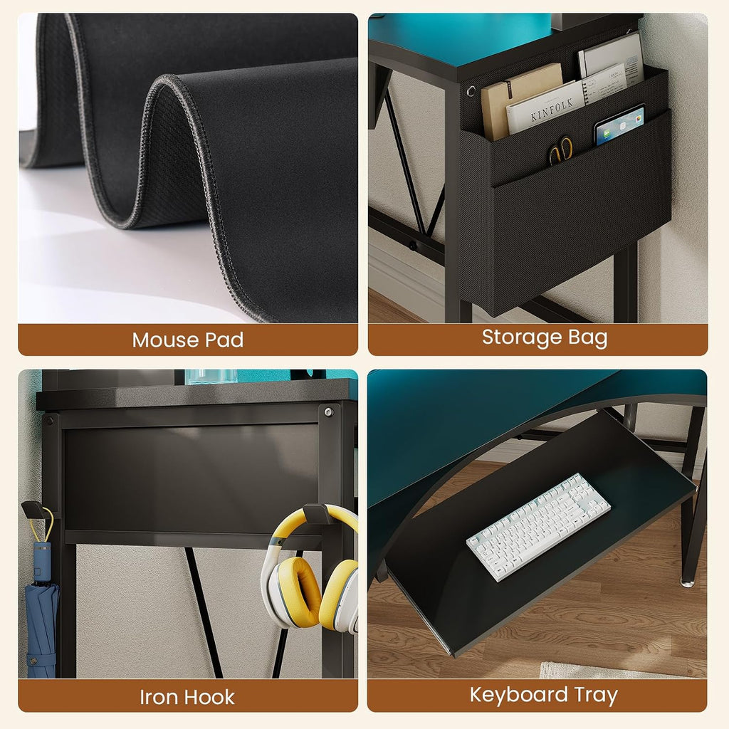 SEDETA Corner Desk, 39' W x 62' H Small Office Desk with Hutch & LED Lights, Triangle Gaming Computer Desk with Keyboard Tray, Storage Bag, and Headphone Hook for Small Space, Black