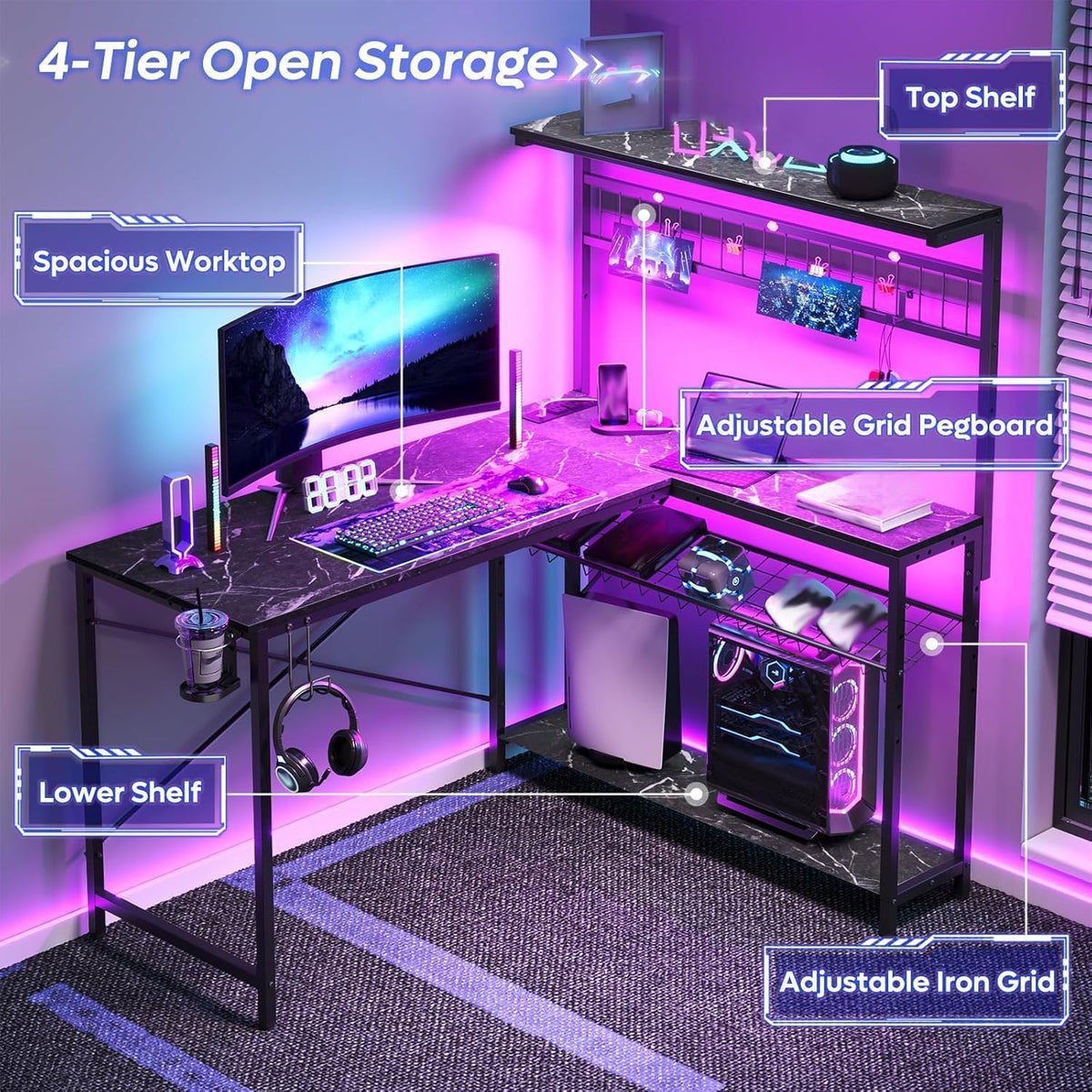 Bestier Gaming Desk 51' L-Shaped, with Power Outlets & LED Lights- 4 Tier Shelves, Reversible Gamer Table with Hooks & Cup Holder for Home Office Black Marble