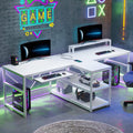 SEDETA 94.5' White Computer Desk, Two Person Gaming Desk with LED Light, Keyboard Tray, Power Strip with USB, Monitor Shelf & Storage, Extra Long Double Desk for Home Office, White