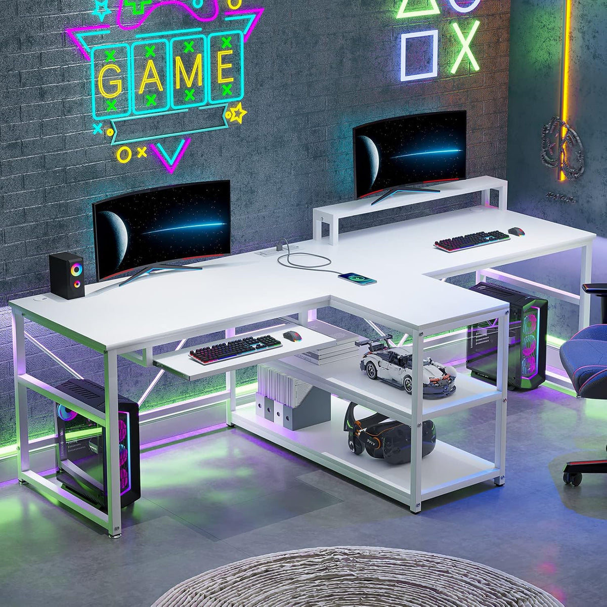 SEDETA 94.5' White Computer Desk, Two Person Gaming Desk with LED Light, Keyboard Tray, Power Strip with USB, Monitor Shelf & Storage, Extra Long Double Desk for Home Office, White