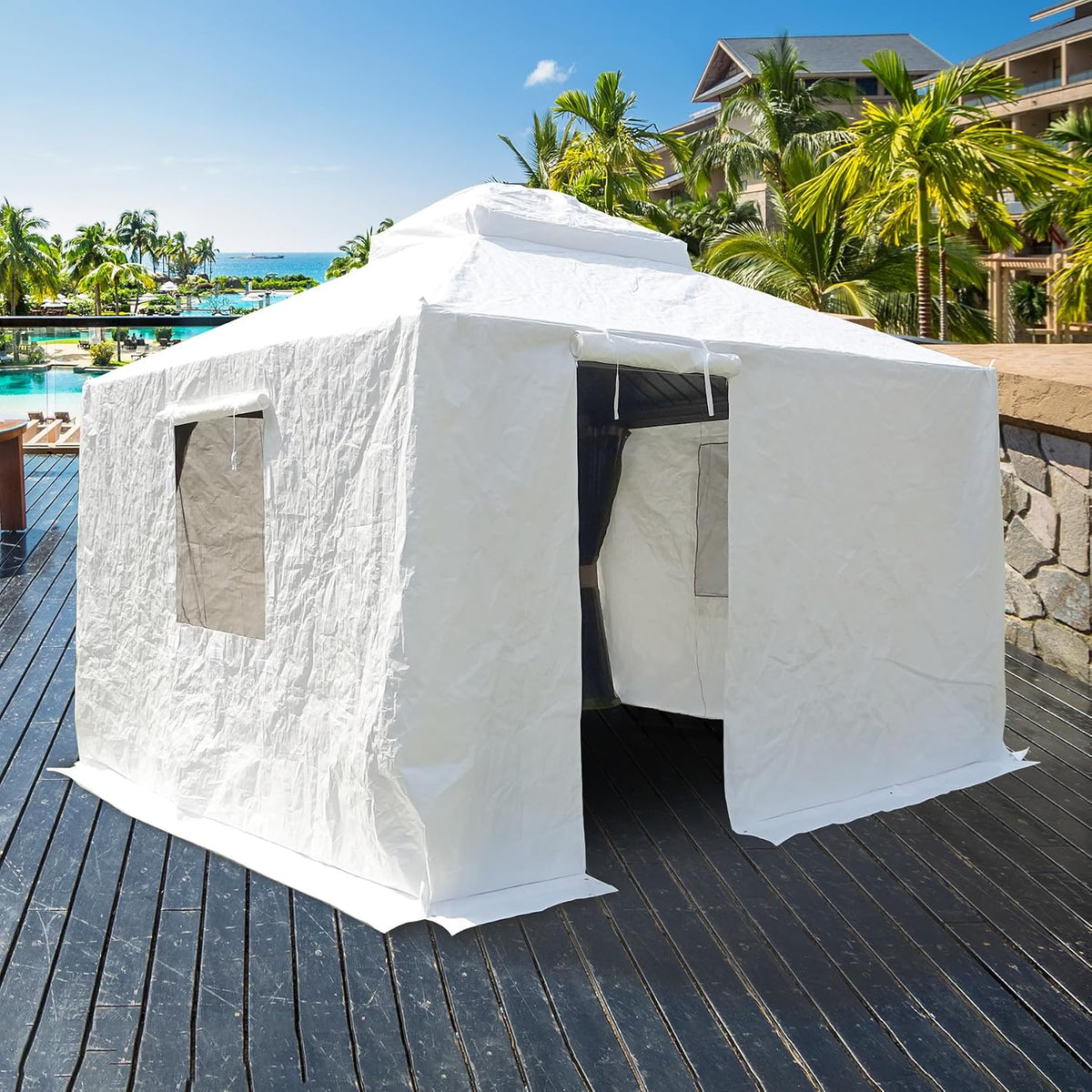 Domi 10' x 10' Universal Winter Gazebo Cover for Hardtop Gazebos,Outdoor Waterproof Enclosed Cover with Sidewalls and Mesh Windows,White (Gazebo not Included)