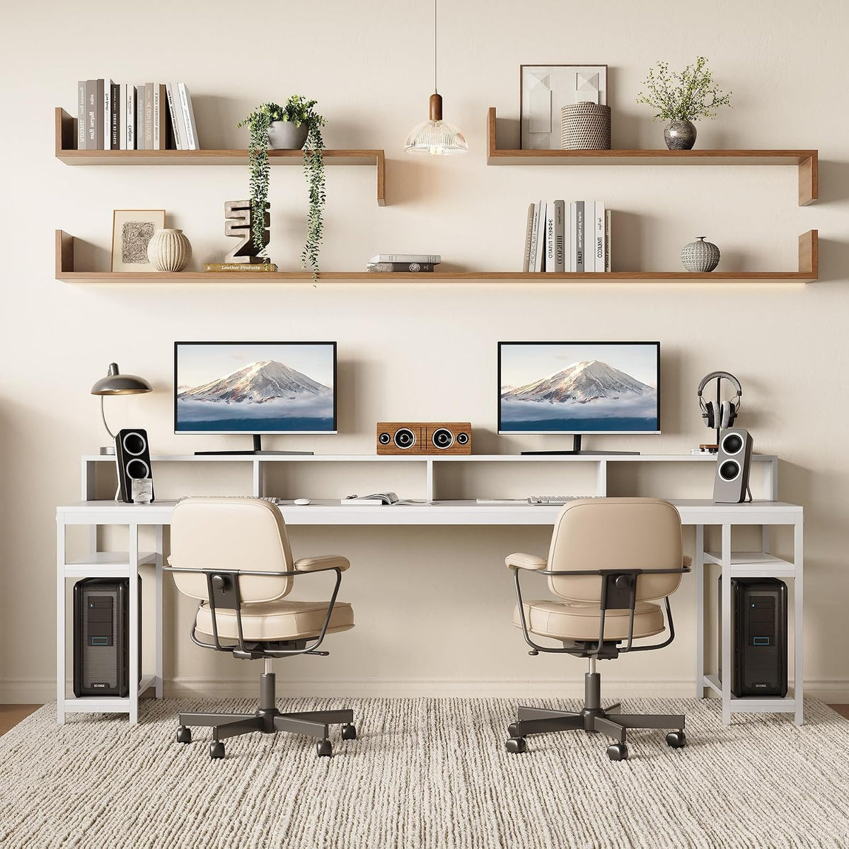 LITTLE TREE 78-Inch Double Desk with Storage Shelves, 2-Person Gaming Desk for Home Office, Long Desk with Monitor Stand (White)
