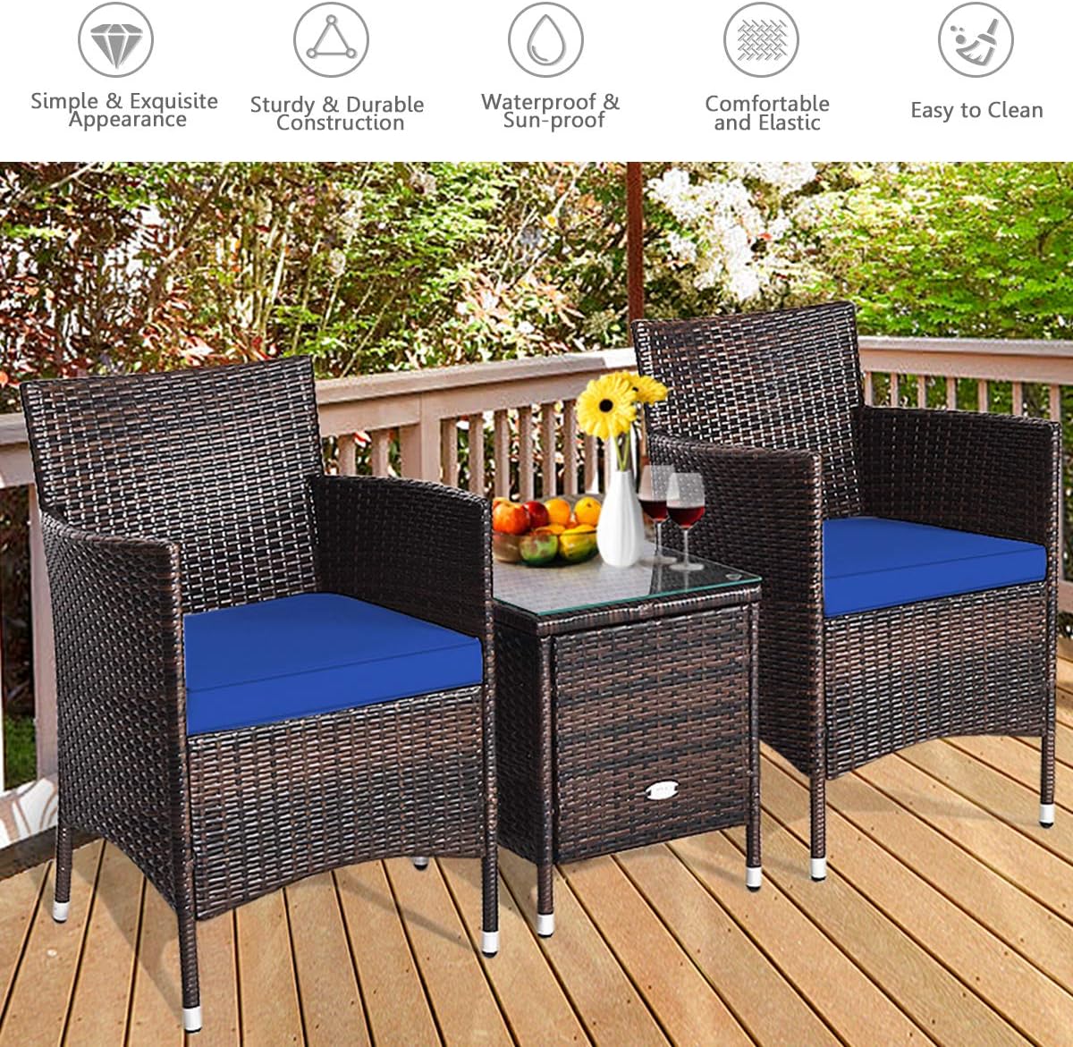 HAPPYGRILL 3 Piece Patio Furniture Set Outdoor Rattan Wicker Conversation Set with Coffee Table Chairs & Thick Cushions Bistro Sets for Patio Garden Lawn Backyard Pool