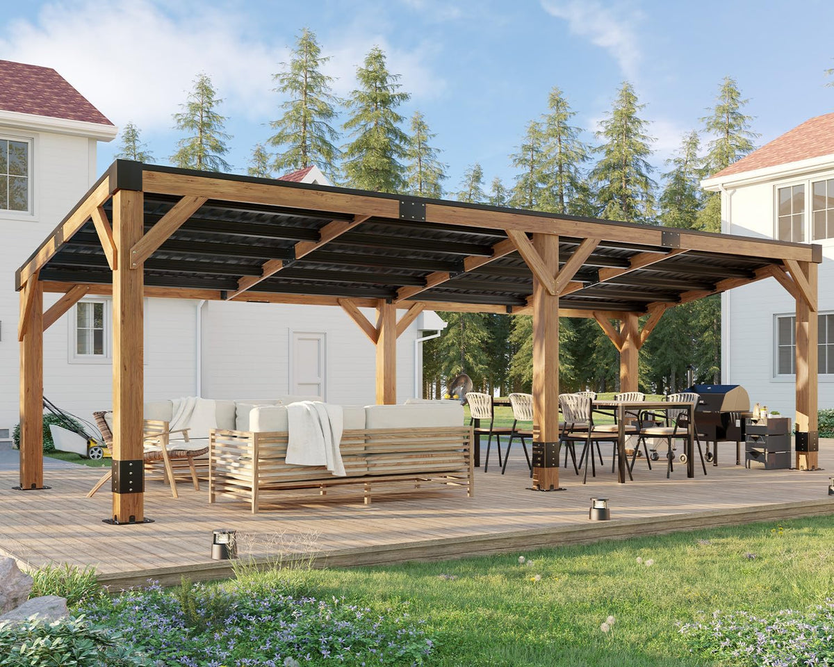 AMERLIFE 10 x 20 FT Spruce Wood Hardtop Gazebo with Sloped Galvanized Steel Roof, Heavy Duty Outdoor Pergola with Bar Shelf for Grill, BBQ, Patio, Backyard, Garden