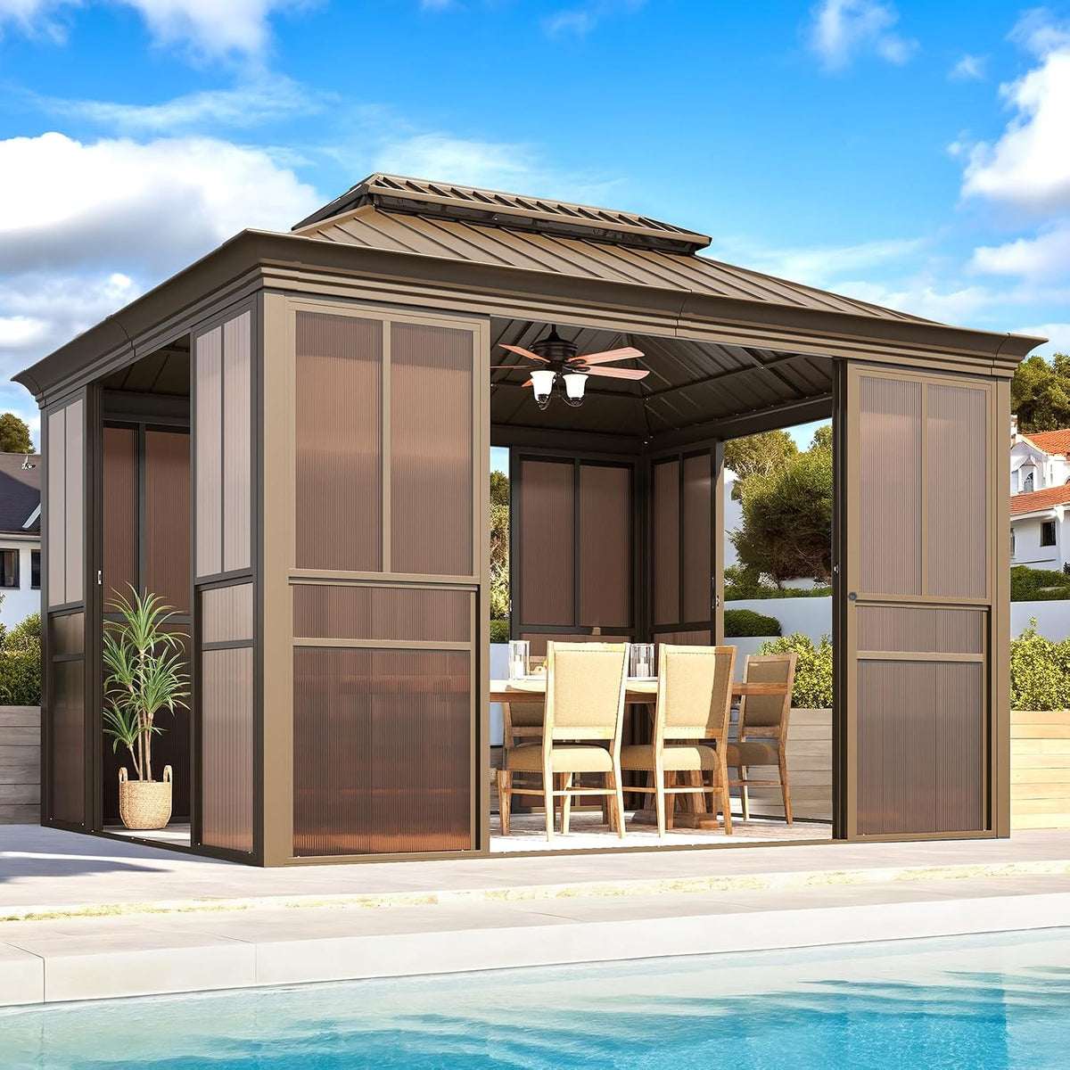 EROMMY 10' X 12' Hardtop Sunroom, Galvanized Steel Double Roof Gazebo Solarium with Detachable Windows & Lockable Doors, All-Weather Sun Room for Patio Deck Backyard