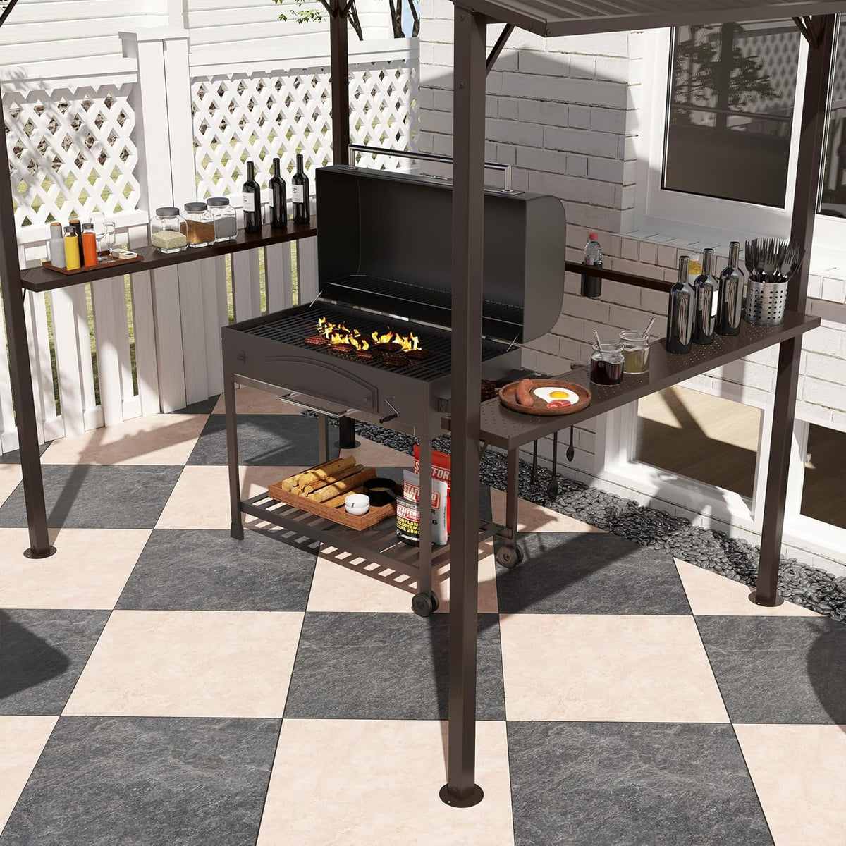 Outsunny 8' x 5' Hardtop Grill Gazebo with Double Metal Roof, 2 Side Shelves and 4 Cup Holders, Outdoor BBQ Gazebo, Grill Canopy for Patio Backyard Lawn Deck