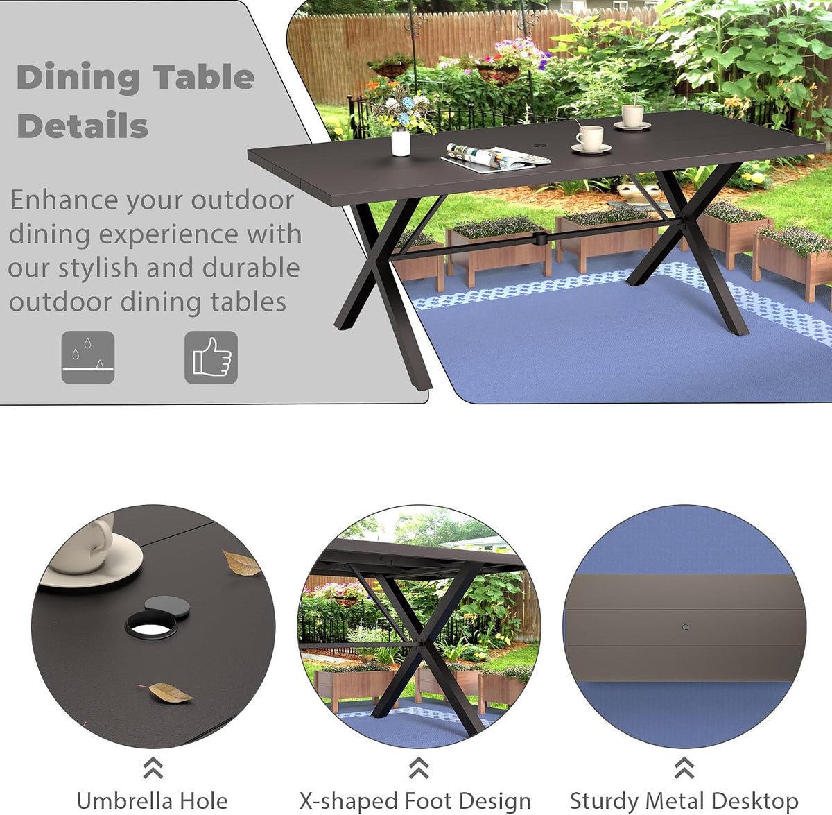 7-Piece Patio Dining Set Outdoor Conversation Set,Metal Outdoor Furniture Set with Umbrella Hole Cut-Out 78.7' x 35.4' Table and 6 Metal Chairs for Backyard,Garden,NavyBlue