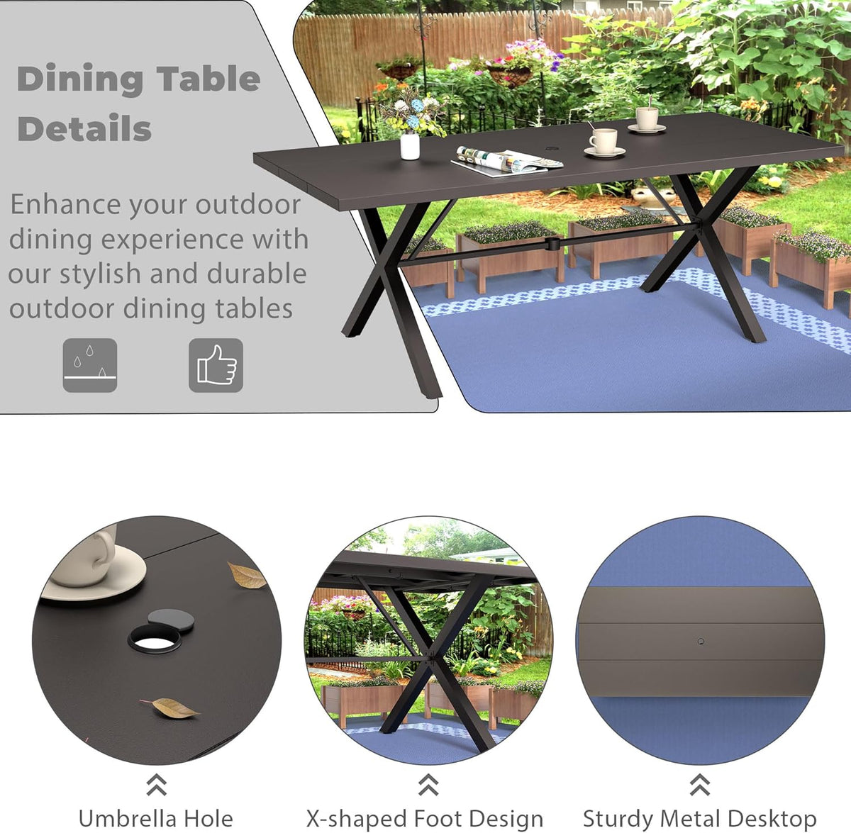 7-Piece Patio Dining Set Outdoor Conversation Set,Metal Outdoor Furniture Set with Umbrella Hole Cut-Out 78.7' x 35.4' Table and 6 Metal Backrest Chairs for Backyard,Garden,NavyBlue