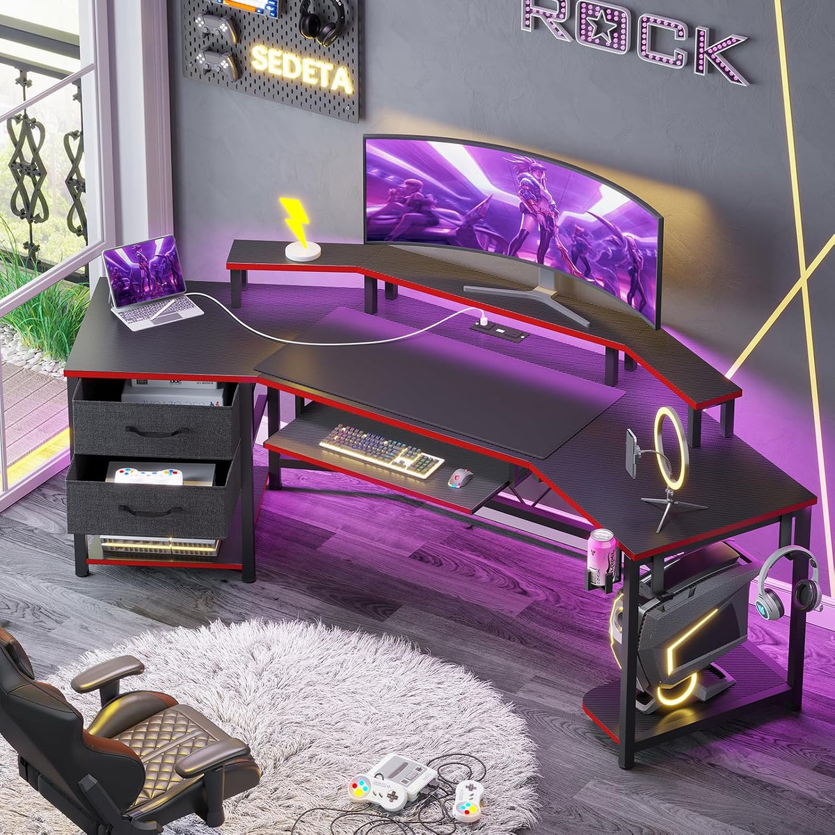SEDETA 79' Gaming Desk, Computer Desk with 2 Fabric Drawers & LED Light, L Shaped Gaming Desk with Storage Shelf for Home Office, Carbon Fiber Black&Red