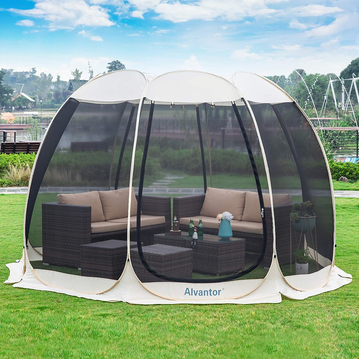 Alvantor® Screen House Room Camping Tent Outdoor Canopy Pop Up Sun Shade Shelter 10 Mesh Walls Not Waterproof Beige 15'x15' Patent Pending