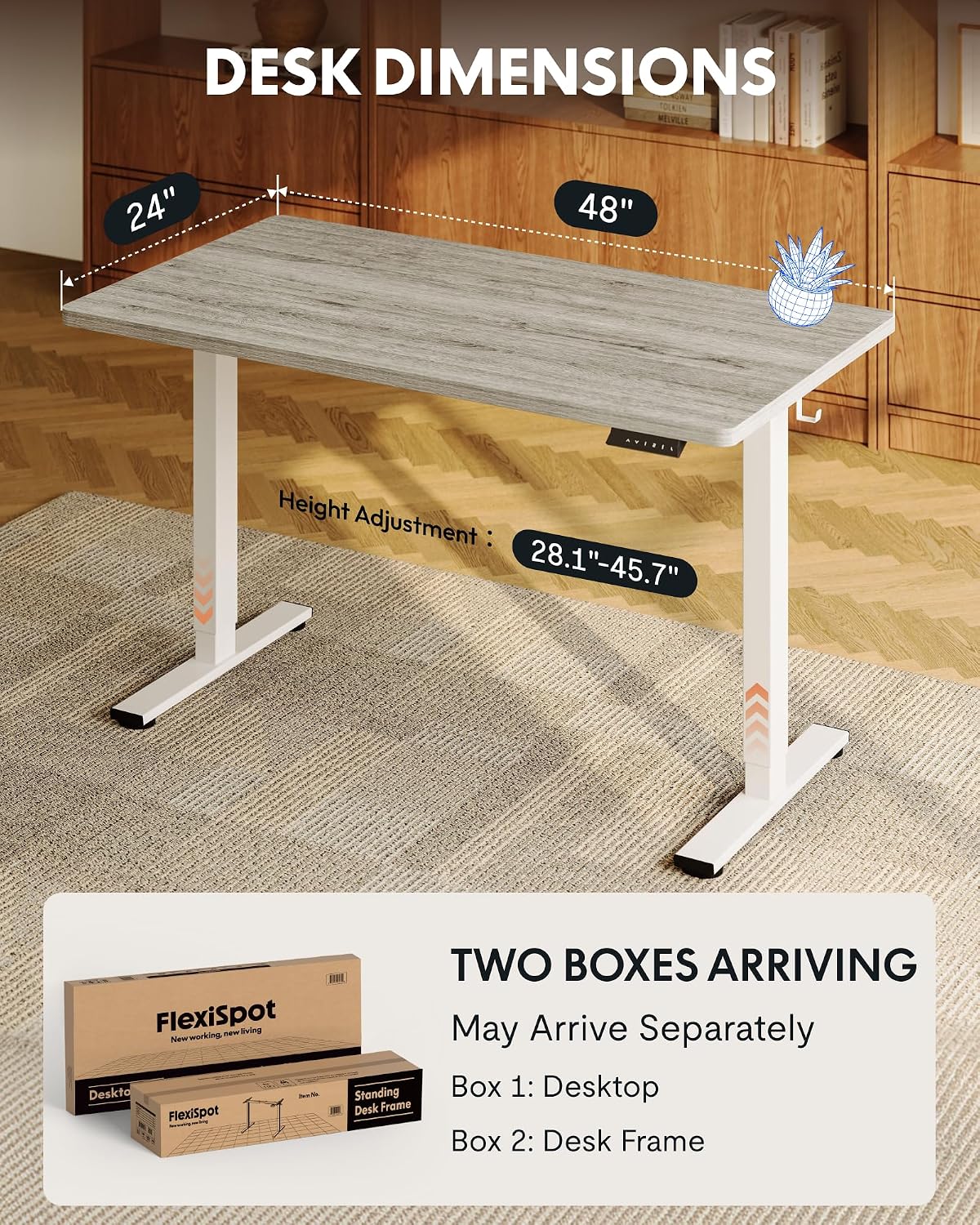 FLEXISPOT EN1 One-Piece Standing Desk with 1-Inch Thick Seamless Desktop, 48'x24' Electric Height Adjustable Desk for Home Office, Multi-Monitor Setups & Easy Assembly, Gray Wood