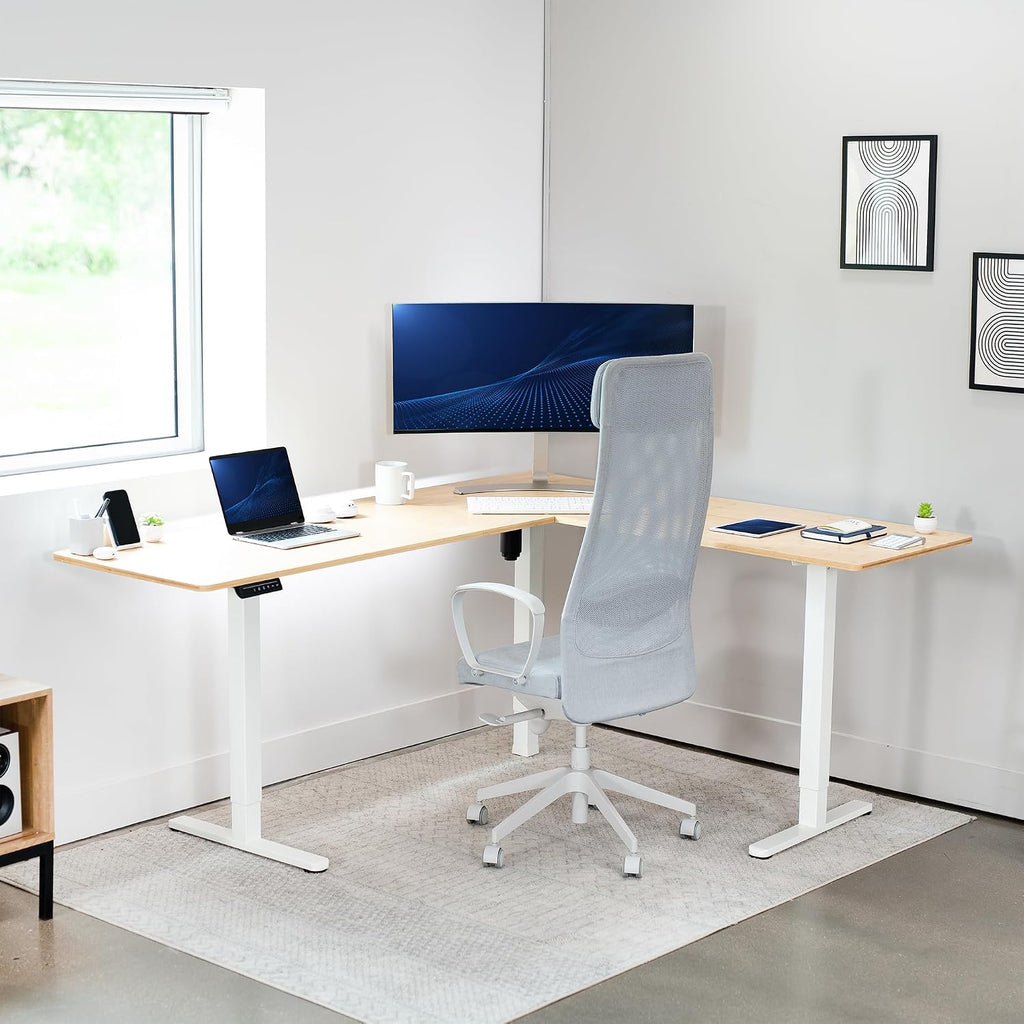 VIVO Corner Standing Desk, 75 x 63 inch Reversible L-Shaped Workstation, Electric Height Adjustment, Home, Office, and Reception Rooms, Real Bamboo Table Top White Frame, DESK-E3CTWO-75