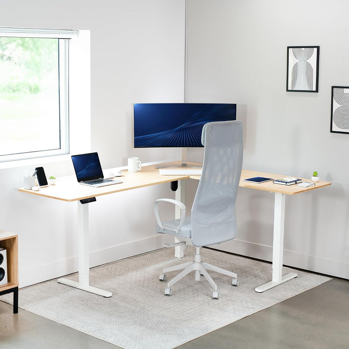 VIVO Corner Standing Desk, 75 x 63 inch Reversible L-Shaped Workstation, Electric Height Adjustment, Home, Office, and Reception Rooms, Real Bamboo Table Top White Frame, DESK-E3CTWO-75