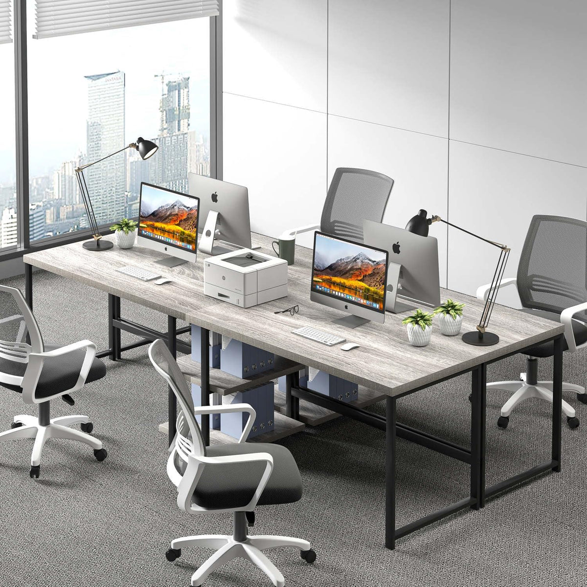FOLUBAN Computer Desk, Modern Home Office Desk with Shelves, Wood Writing Study Gaming Table for Living Room Bedroom, Light Grey, 53 inch
