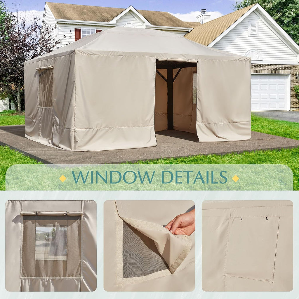 EROMMY Gazebo Cover for 12x14 Gazebos, Outdoor Winter Cover with Sidewalls and Mesh Windows, Convert into Storage Space, Beige