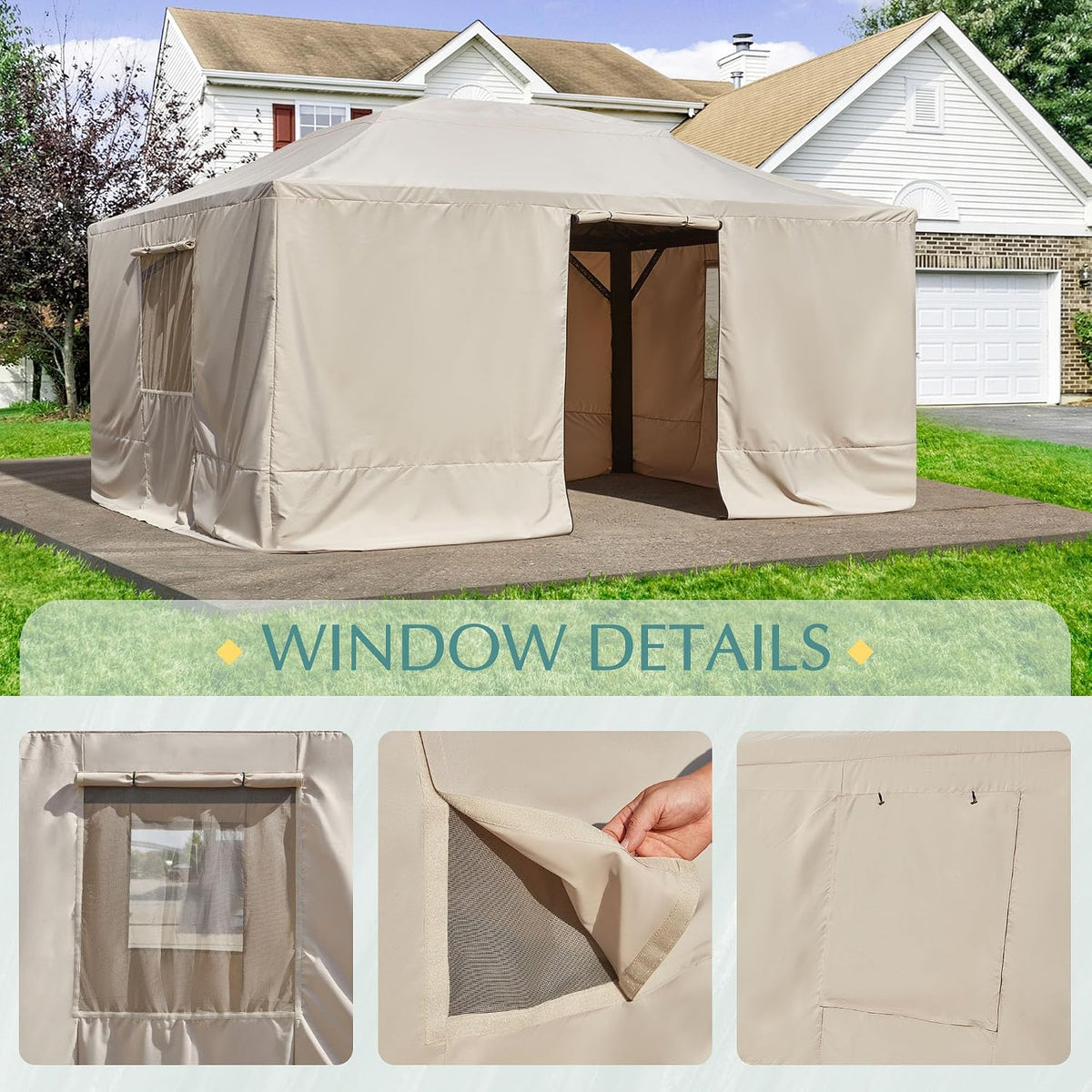EROMMY Gazebo Cover for 12x14 Gazebos, Outdoor Winter Cover with Sidewalls and Mesh Windows, Convert into Storage Space, Beige