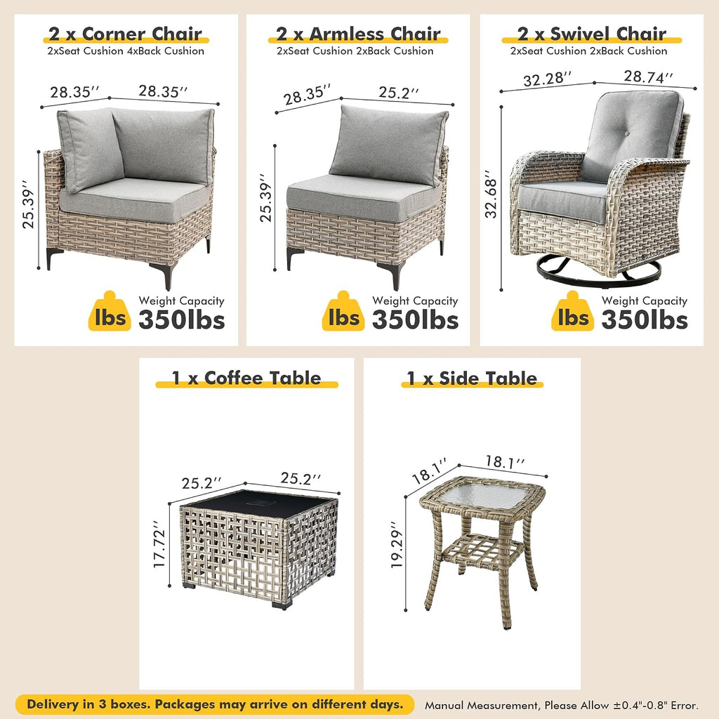 Outdoor Sectional Patio Furniture Set with Swivel Rocking Chairs and Glowing Table,8 Pieces Wicker Conversation Sets L Shaped Couch Out Door Sofa Outside Furniture for Garden Deck Yard Porch,Dark Grey