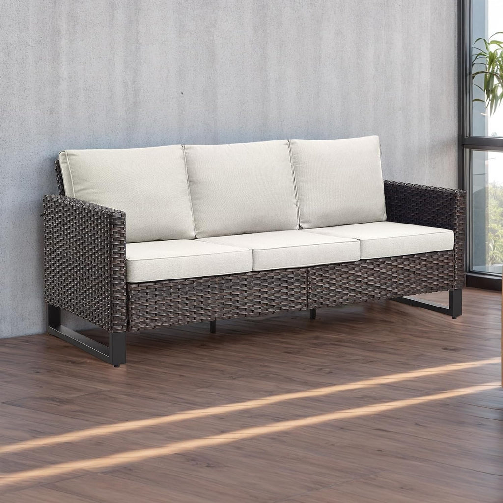 Rilyson Luxury Wicker Outdoor Couch Patio Sofa - 3 Seater Rattan Outdoor Patio Couch Water Resistant,Comfortable Cushions and Sturdy Metal Frame for Outside Porch Deck Backyard Garden(Brown/Blue)