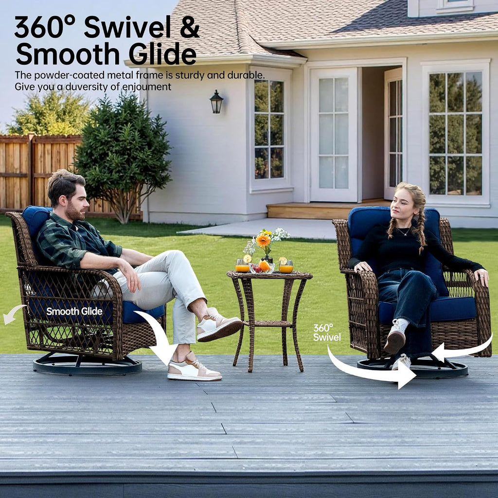 PIZZELLO Patio Bistro Set 3 Piece Wicker Rocking Chairs Sets Outdoor Swivel Chair Furniture Set with Rattan Side Table, 5' Thick Cushion Glide Rocker for Outside Porch Deck Garden Backyard