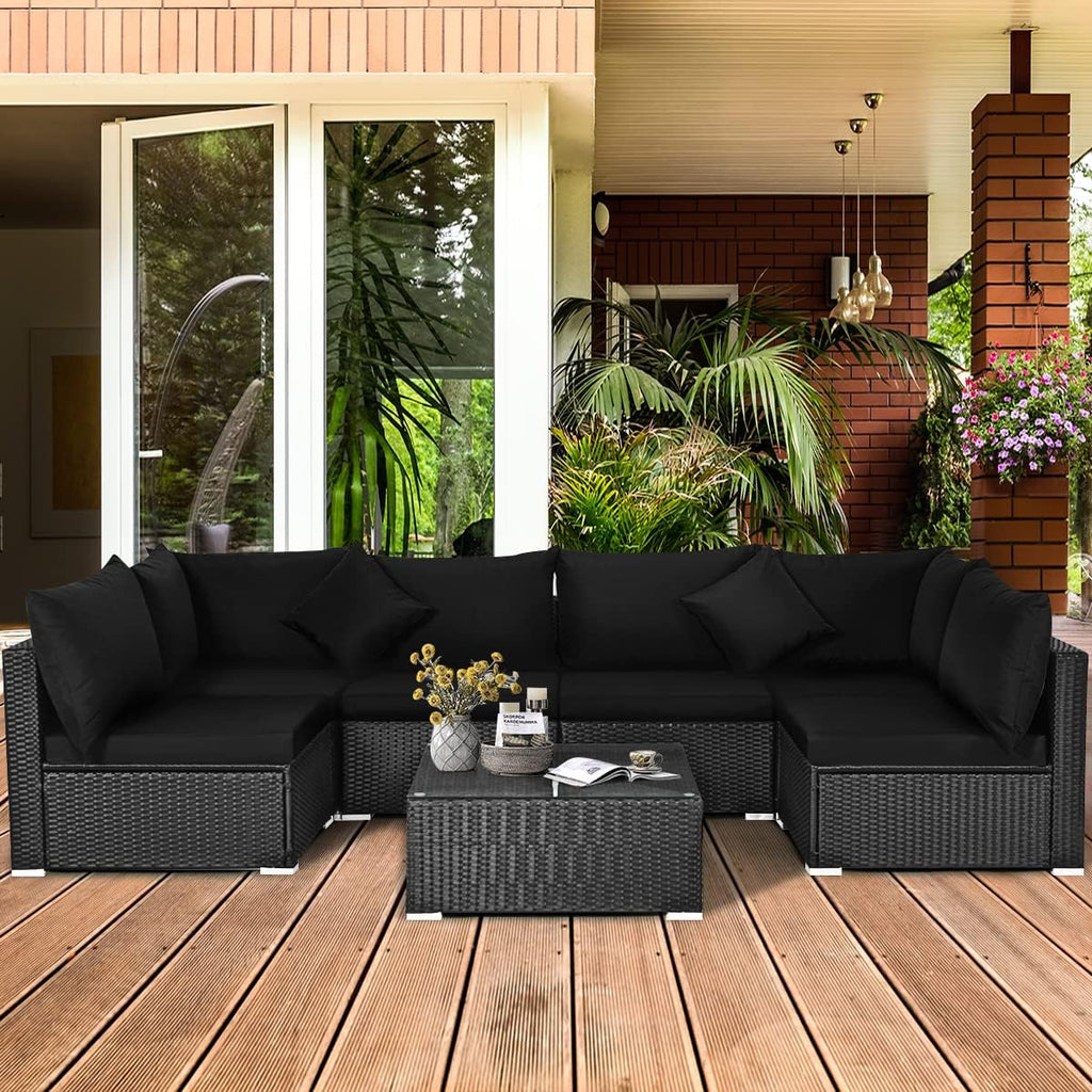 HAPPYGRILL 7 Pieces Patio Furniture Set Outdoor Rattan Wicker Sectional Sofa Set with Cushions & Pillows & Coffee Table for Garden Lawn