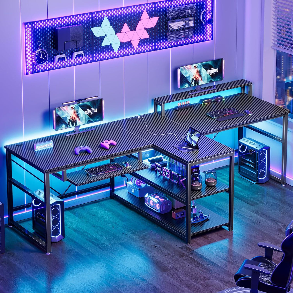 SEDETA 94.5' Gaming Computer Desk, 2 Person Office Desk with Storage, LED Lights, Power Strip, Long Desks with Keyboard Tray & Monitor Stand for Home Office, Carbon Fiber Black