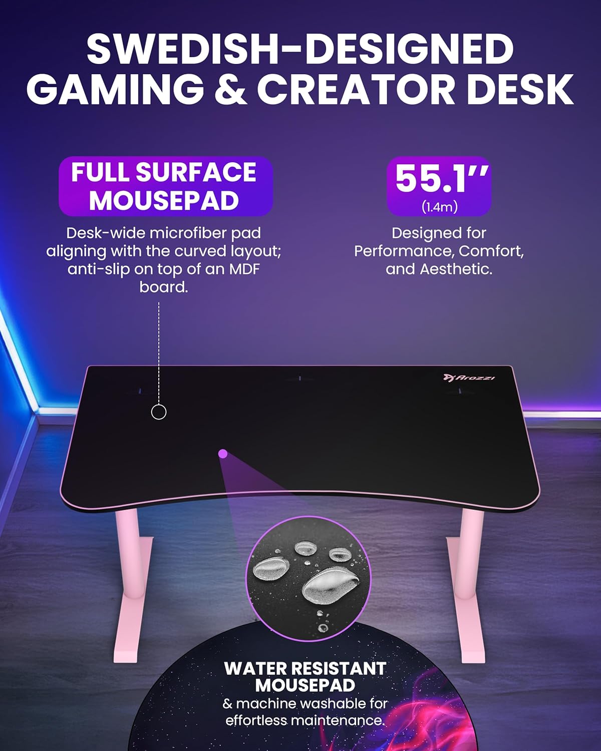 Arozzi Arena Medium Gamer Desk - 55x30' Steel Frame PC Gaming Desk with Storage for Cables & Dual-Monitor Support - Full-Surface Washable Mousepad - Pink