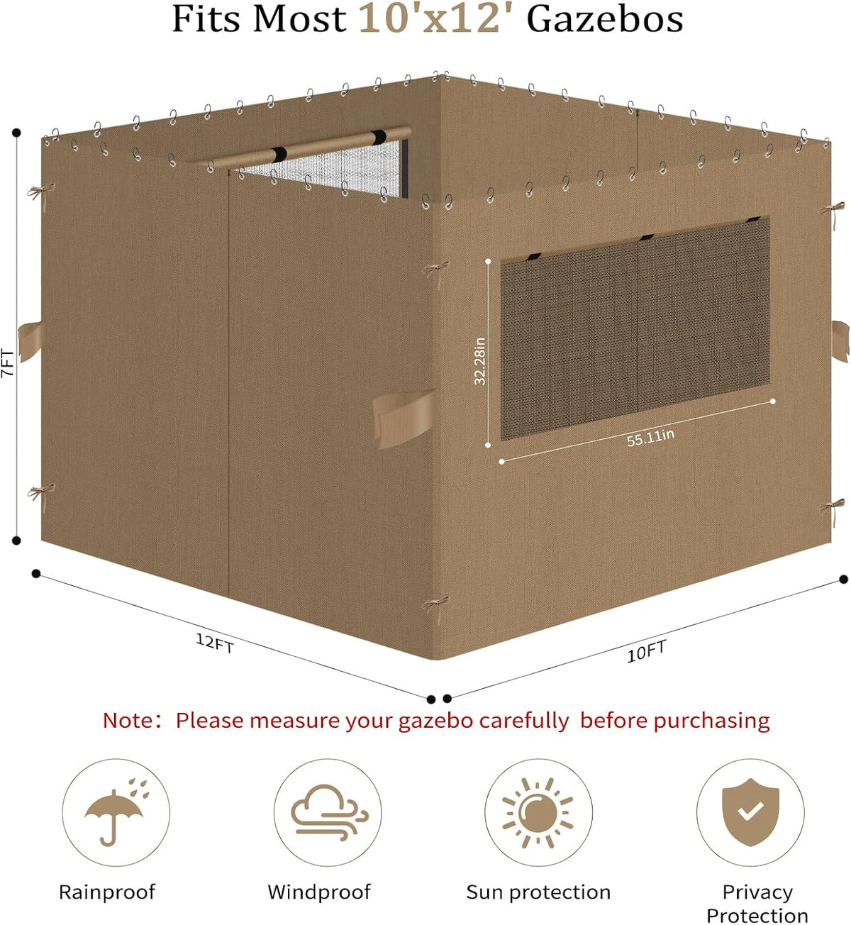 10'x12' Gazebo Curtains Outdoor Waterproof, 4-Panels Sidewalls with Zipper, Universal Replacement for Patio Privacy Screen(Only Curtains)