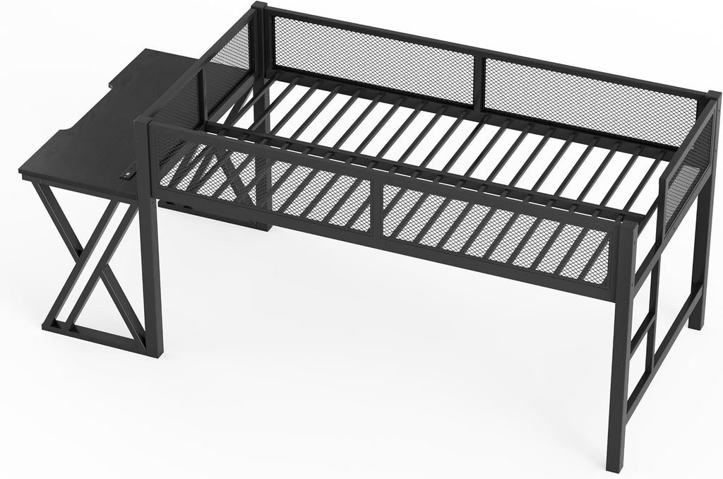 Bellemave Twin XL Loft Bed with Desk, Gaming mid loft Bed with Desk of X-Shaped Leg, LED for Adults, Teens, Kids, Black