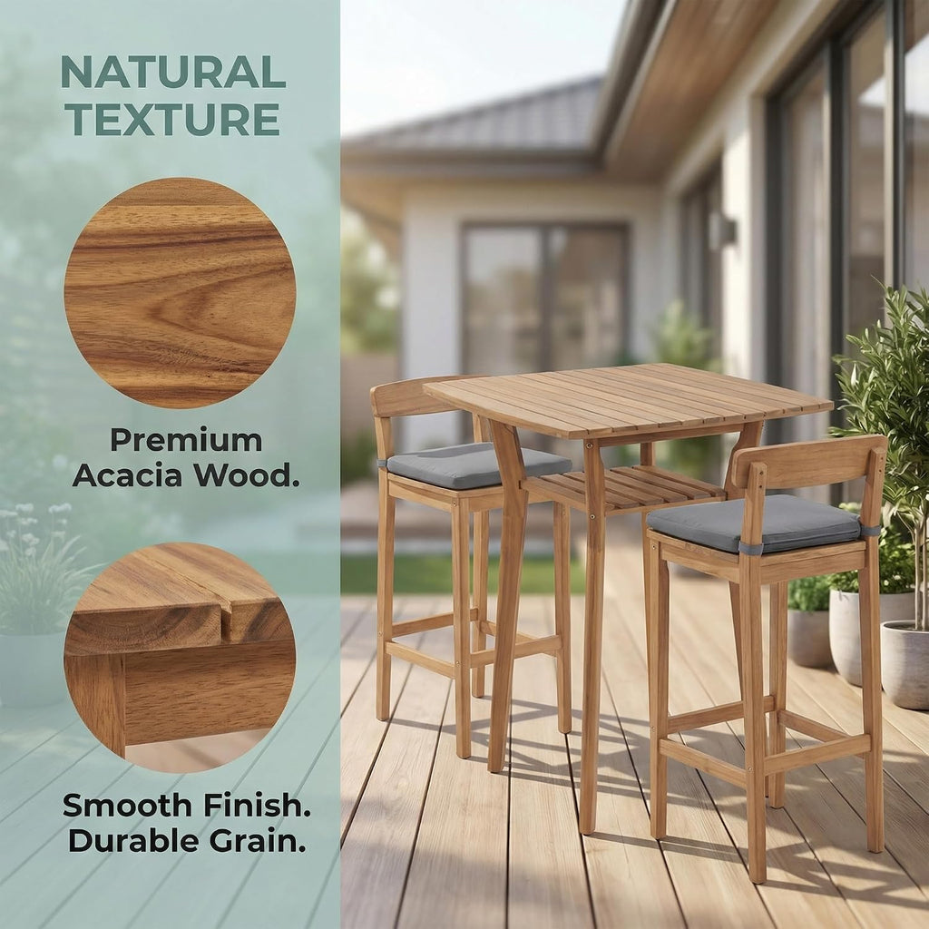 3 Piece Outdoor Patio Bar Set, Modern Patio Furniture Set, Acacia Counter Height Barstools, Bar Height Patio Set with Cushions, 28.5' Patio Bar Stools with Coffee Table for Balcony, Grey