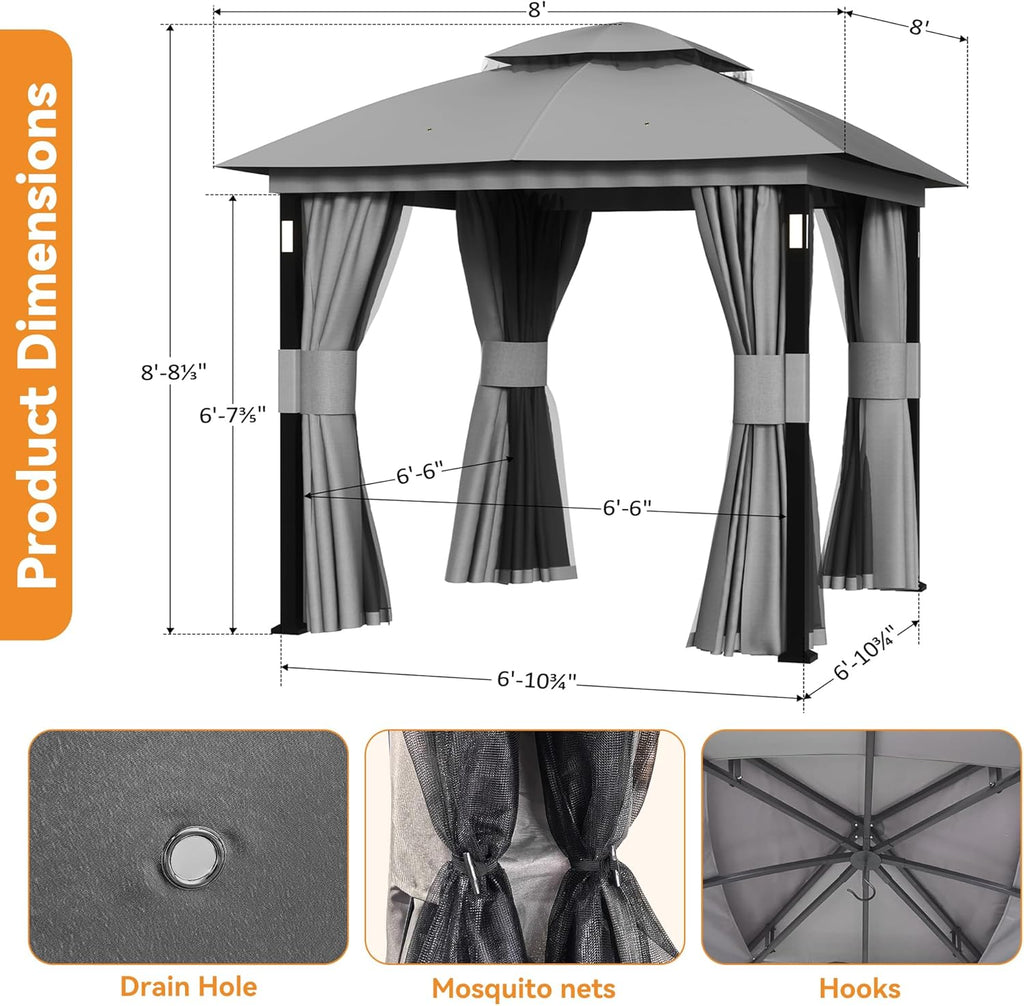 Covered Outdoor Patio Gazebo 8'x8' with LED Lights & Bluetooth Speaker, Heavy Duty Outdoor Canopy Shelter with Metal Frame, Double Roofs, Soft Top Gazebo with Netting and Curtains for Backyard, Gray