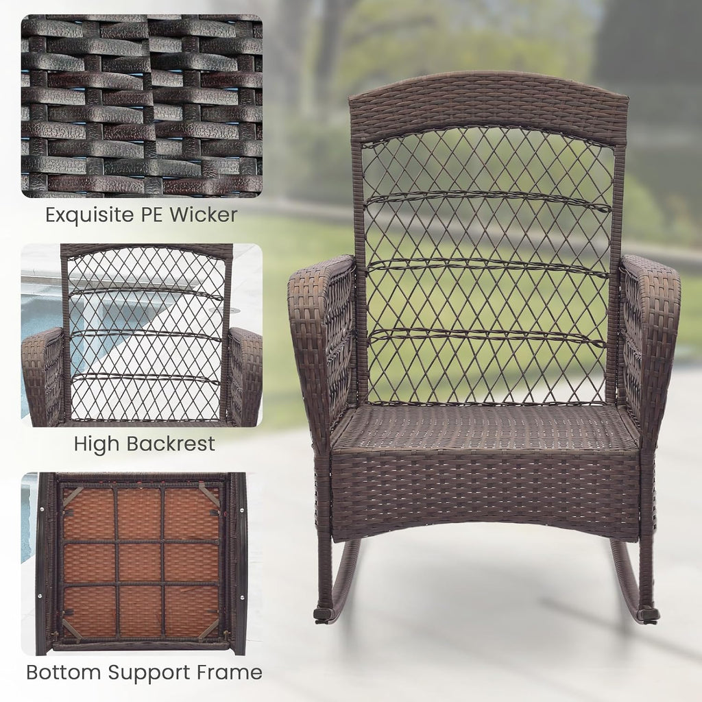 ORALNER 3 Pieces Patio Furniture Wicker Rocker Set, Outdoor Rocking Chairs with Cushions, Pillows, Glass Coffee Table, Rattan Bistro Set for Balcony Front Porch Poolside Garden Deck (Beige)