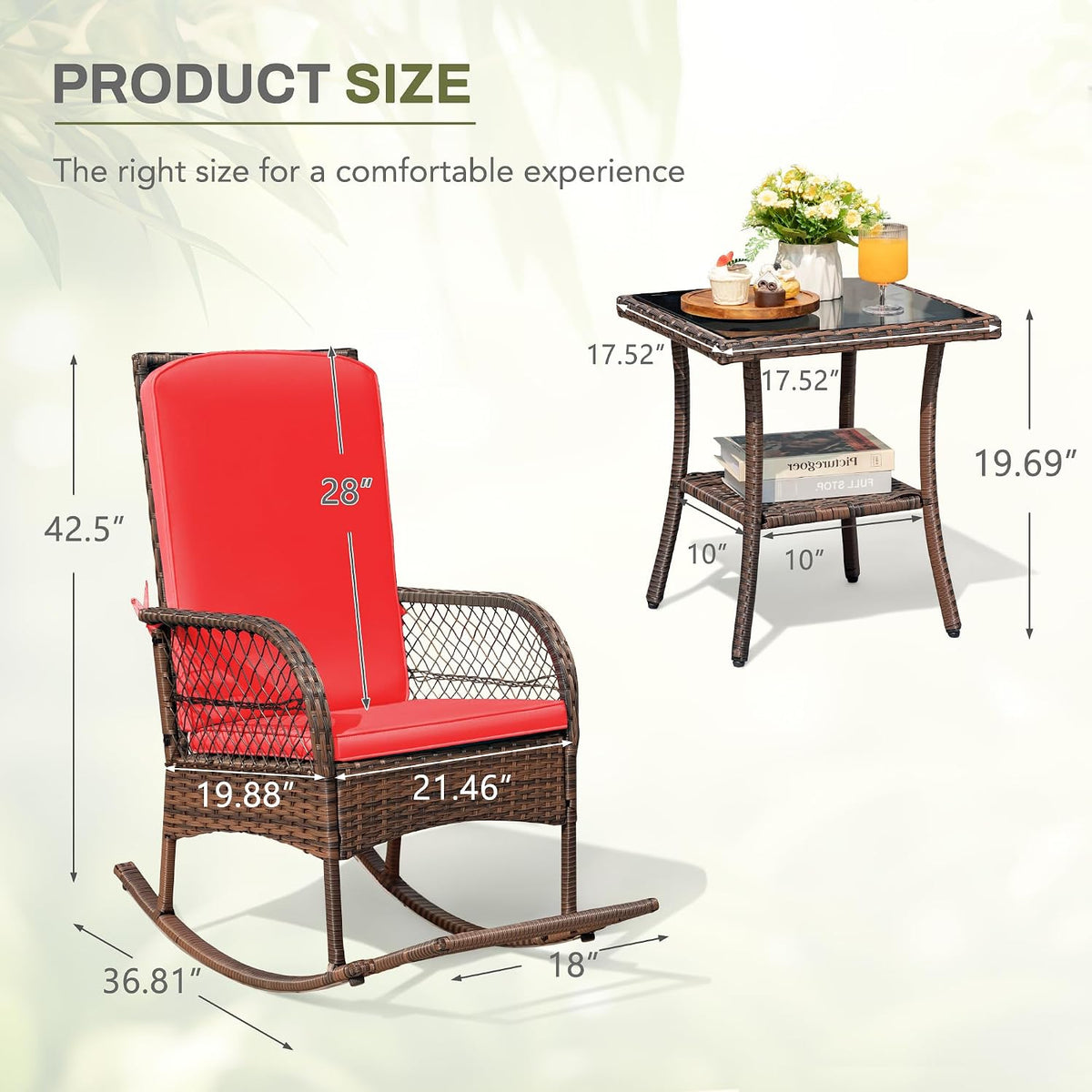 Greesum 3 Piece Outdoor Wicker Rocking Chairs Patio Furniture Set with Glass Coffee Table for Garden Backyard Porch Poolside, Red