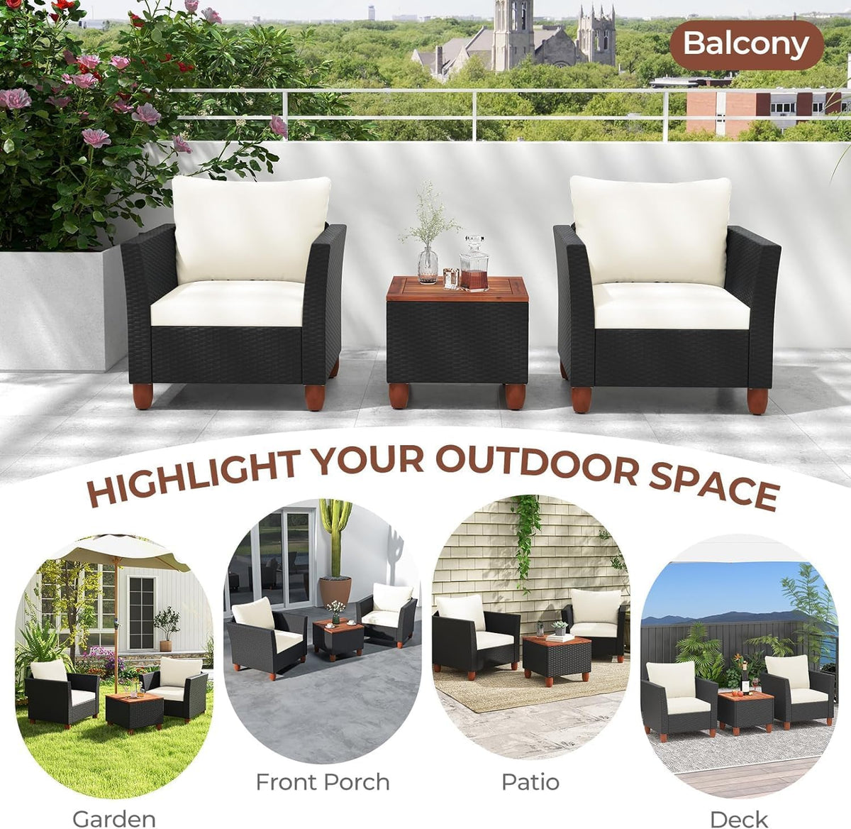 LDAILY Patio 3 Pieces Patio Furniture Set, PE Rattan Outdoor Wicker Sofa Chair with Washable Cushion & Wood Storage Table, Patio Conversation Set for Porch, Yard, Garden (White)