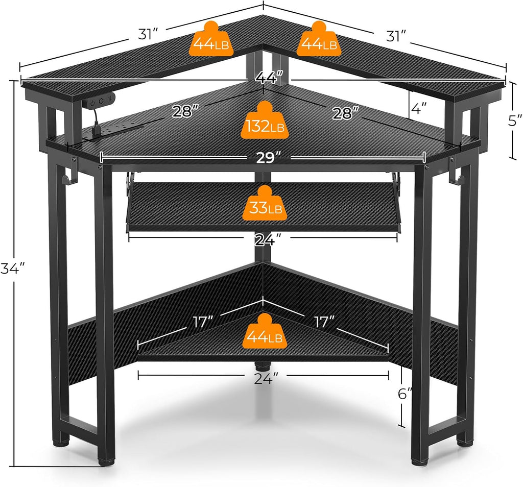Rolanstar Corner Desk,44' W x 34' H Small Computer Desk with Power Outlets, Gaming Desk with LED Lights, Triangle Corner Table with Keyboard Tray & Monitor Stand for Small Space, Black