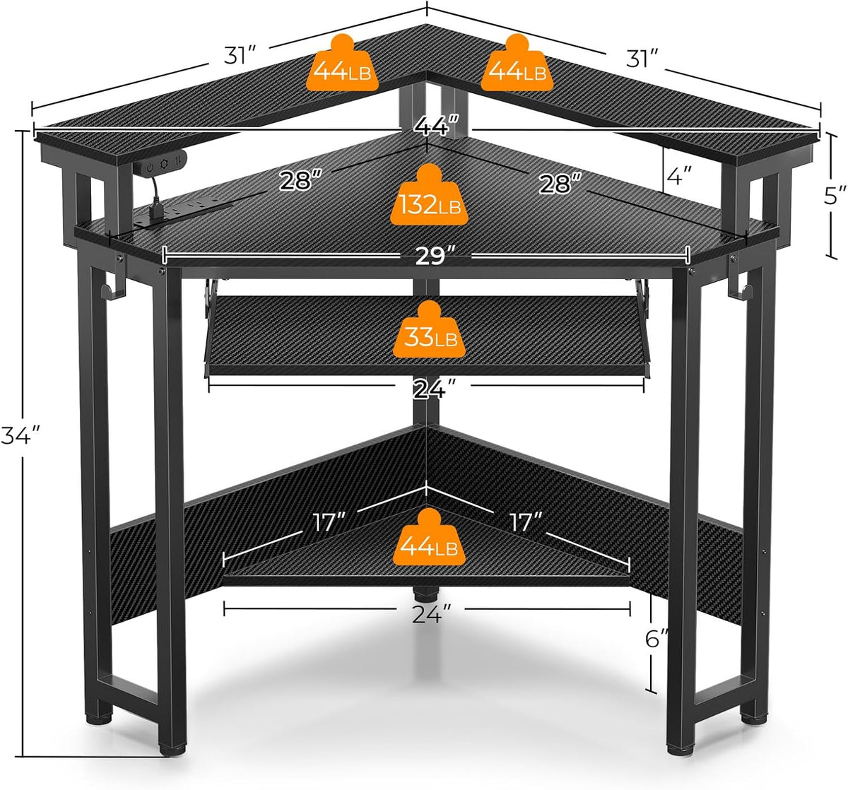 Rolanstar Corner Desk,44' W x 34' H Small Computer Desk with Power Outlets, Gaming Desk with LED Lights, Triangle Corner Table with Keyboard Tray & Monitor Stand for Small Space, Black